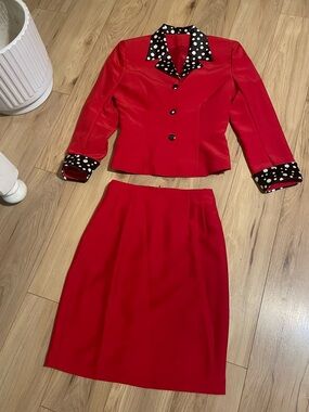 Red Pencil Skirt with Coordinating Red Jacket - Polka Dot Trim